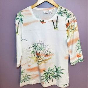 Weekends by Chico's Tropical Three Quarter Sleeve Top Size 0 Small 4